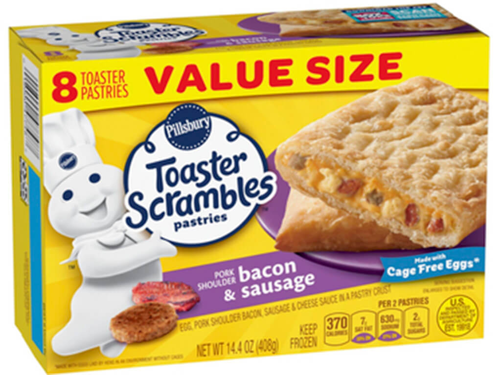 Box of bacon and sausage flavored Toaster Scrambles pastries