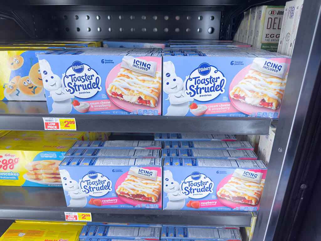 A view of several packages of Pillsbury Toaster Strudel pastries, on display at a local grocery store.